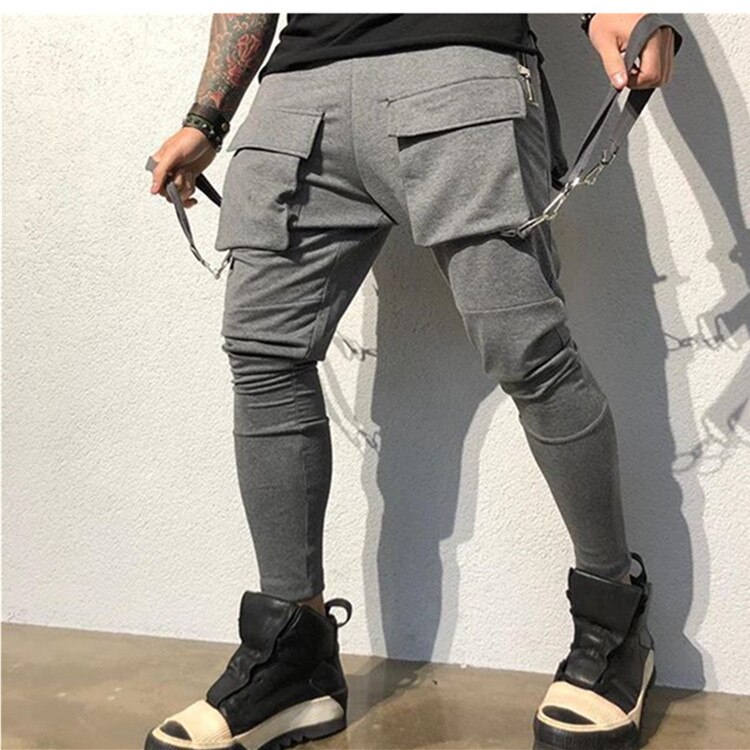 Fitness vår och höst sport casual hiphop byxor fram och bak tredimensionella herrbyxor med flera fickor: M / Grå