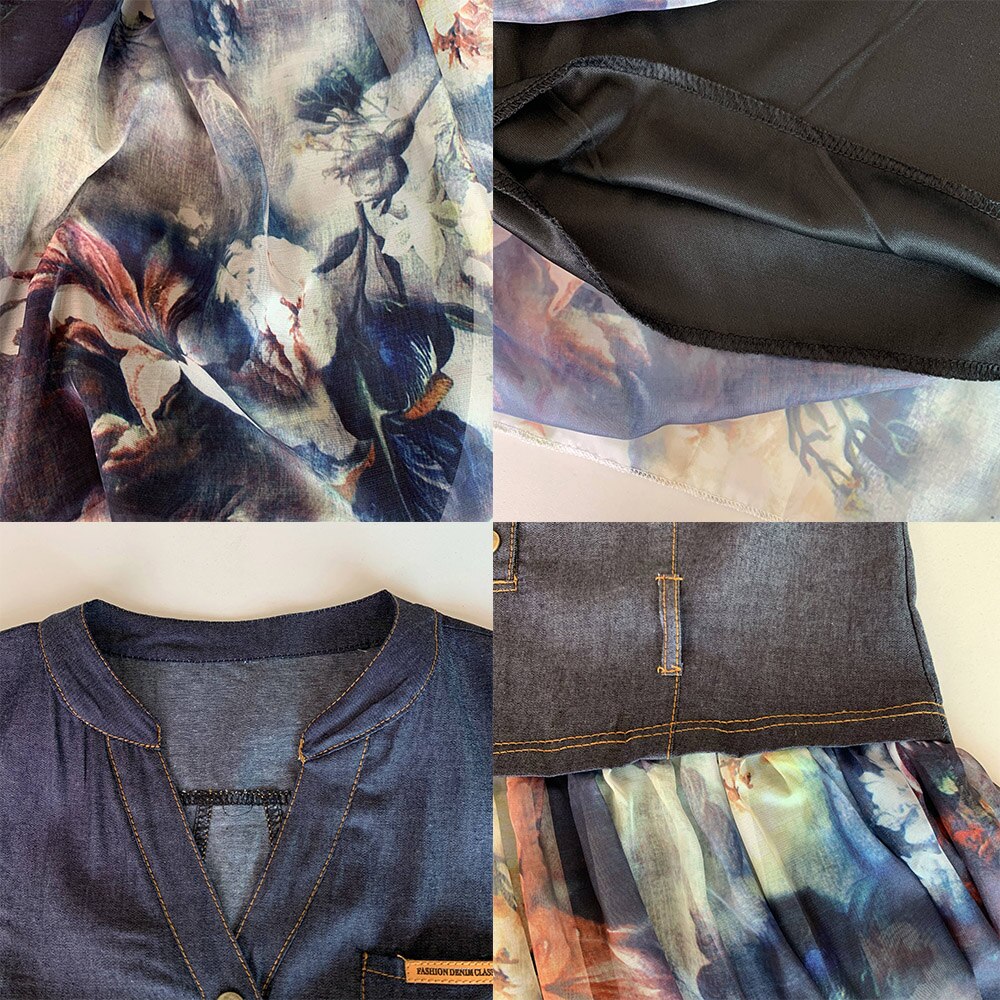 Kvinder afslappet kjole denim chiffon patchwork blomsterprint kortærmet v-hals bohemia a-line kvindelige maxi kjoler