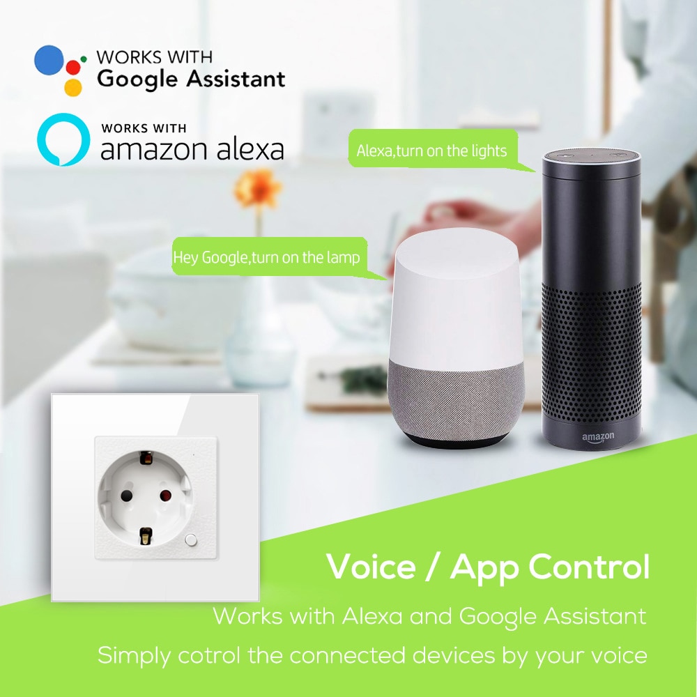 Avatto tuya eu wifi smart vegguttak med luksuriøst glasspanel, smart liv app smart vegguttak arbeid til google hjem, alexa
