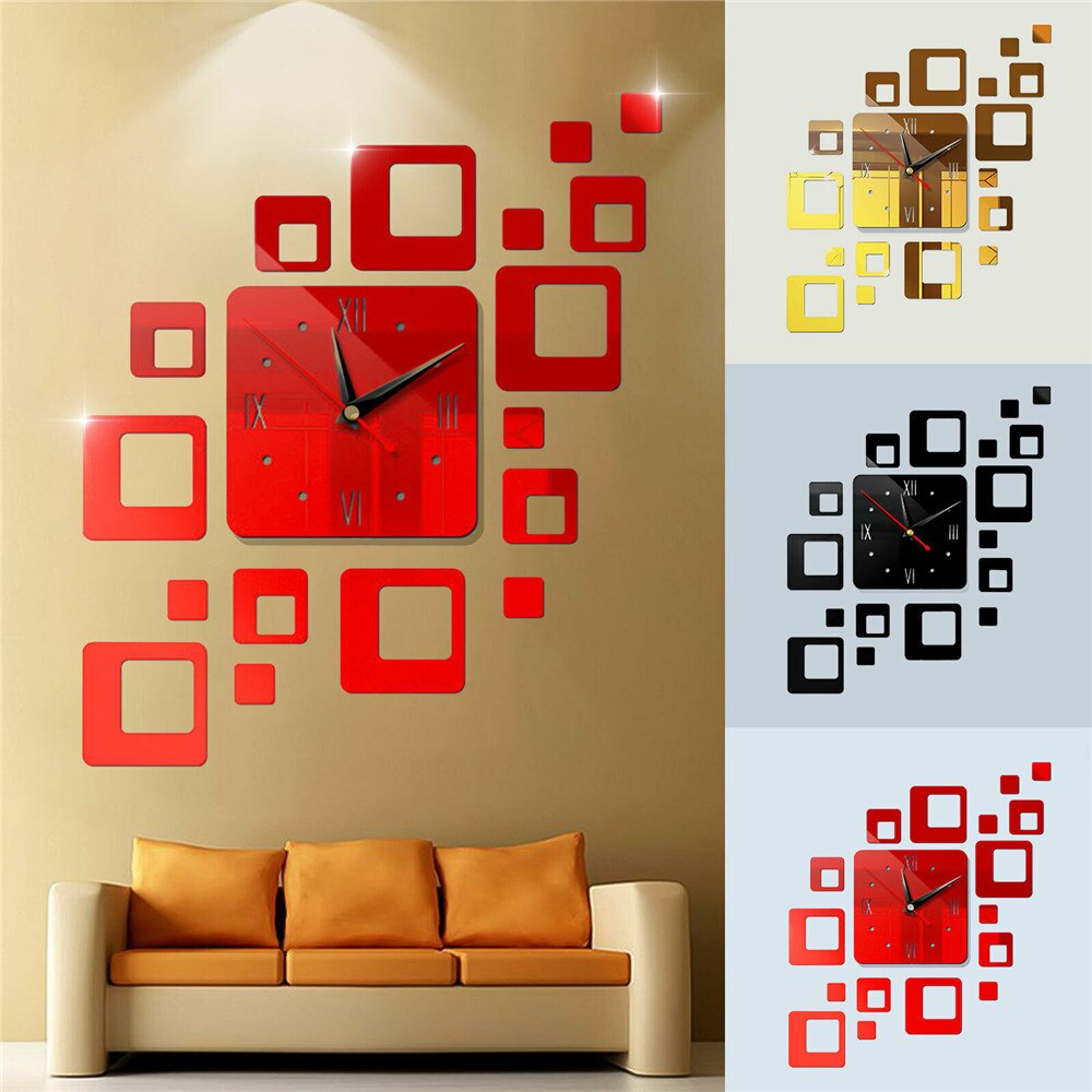 3D Large Mirror Wall Stickers Wall Clock Modern Minimalist Acrylic Mute DIY Rectangular Hollow Rounded Square Clock