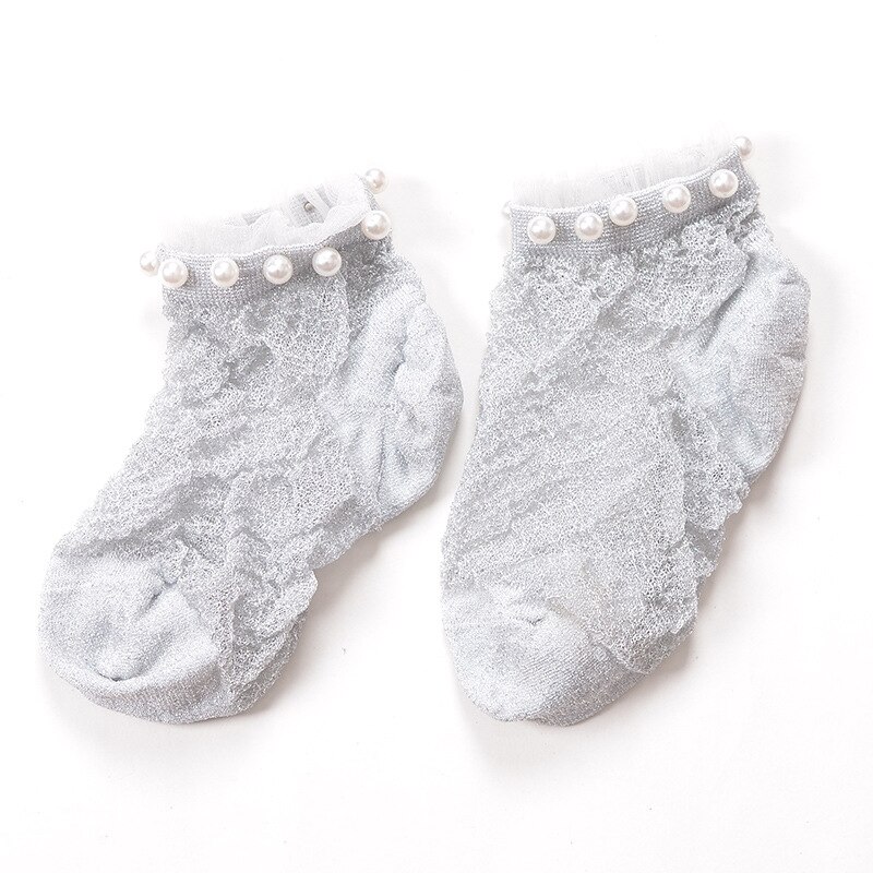 Chaussettes courtes en soie argentée et perles pour femmes, socquettes avec cristaux fins,: 3