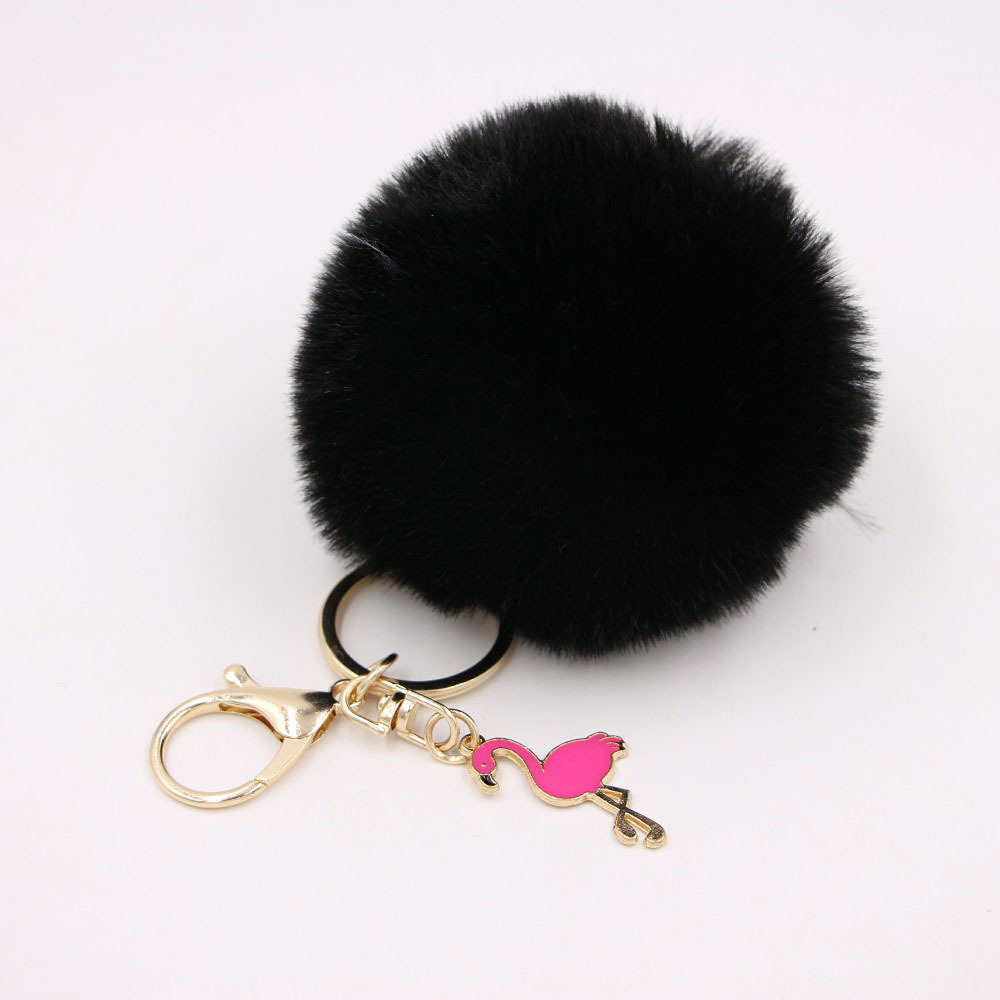Porte-clés pompon moelleux, porte-clés flamant rose, couronne en peluche, joli porte-clés beurre en peluche, ornement pendentif pour sac à main, rose: Argent / Black