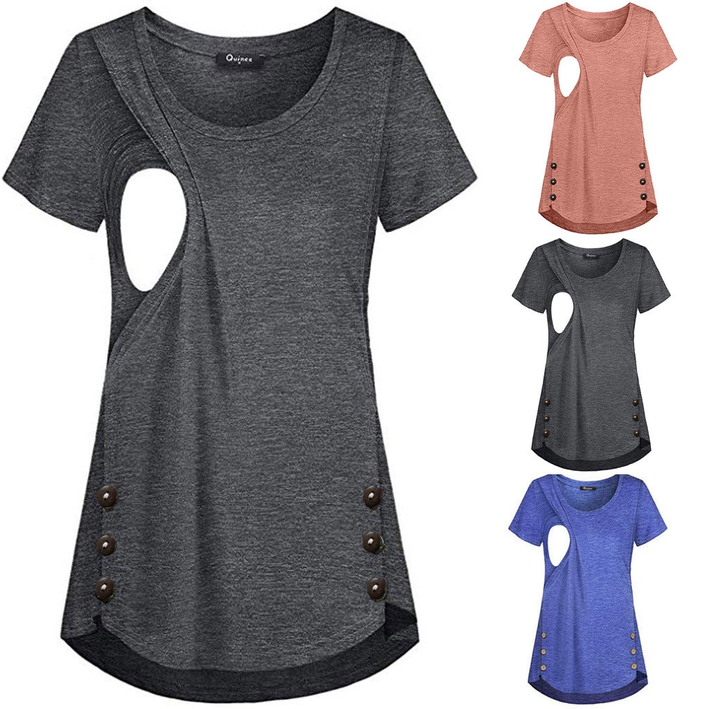 Ropa para embarazadas mujeres Color sólido botón lactancia ropa mujer embarazada camisa maternidad tops # guahao