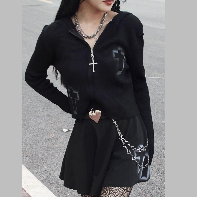 Cardigan gothique en tricot noir foncé pour femme, pull à manches longues, avec fermeture éclair, Slim, imprimé croix, Rock Punk, Streetwear, automne