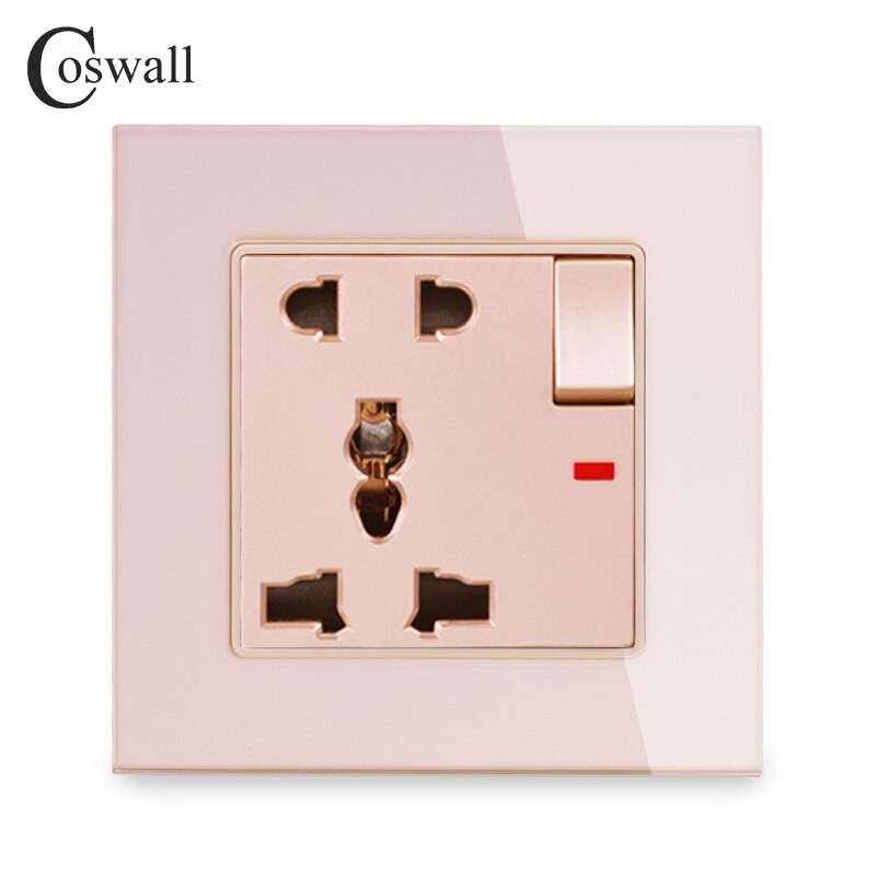 COSWALL Glass Panel 1 Gang 13A Universal 5 Hole Switched Socket With Neon Grounded With Children Protective Door C1 Series: Gold