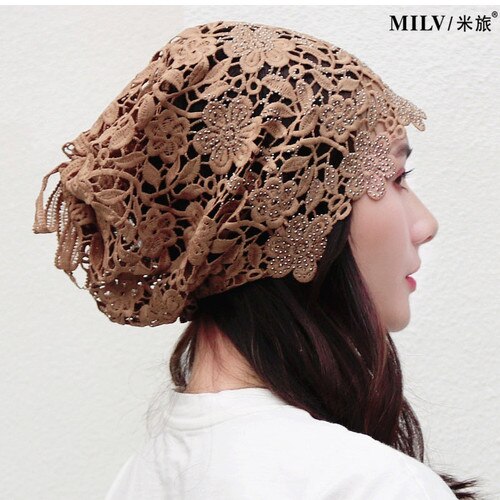 Spring Summer Hats For Women Lace Hollowed Crochet Flower Thin Beanies Skullies Ladies Headgear Turban Hat Female Bonnet: Khaki