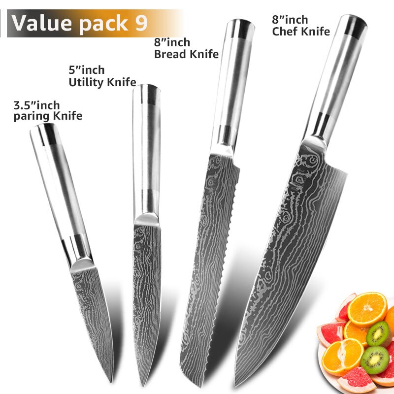 Knife Set Chef Santoku Japanese Knife 7CR17 440C High Carbon Stainless Steel Utility Bread Slicing Knives: Value Pack 9
