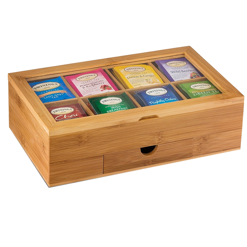 Tea Organizer Bamboo Tea Box with Small Drawer 100% Natural Bamboo Tea Chest - Great Idea
