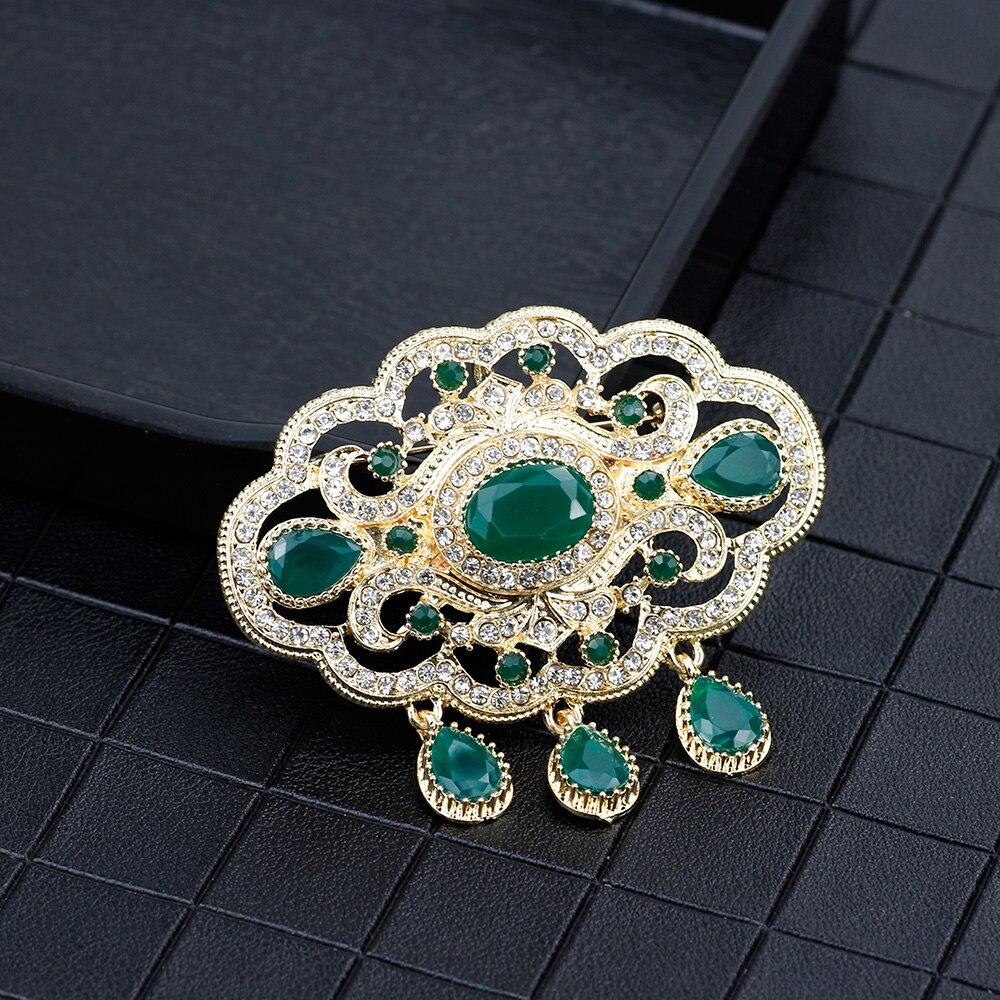 SUNSPICEMS Volle Strass Grau Kristall Blume Brosche Pins Böhmen Ethnische Bankett Schmuck Türkischen Hijab Schal Broschen Broschen: 670green