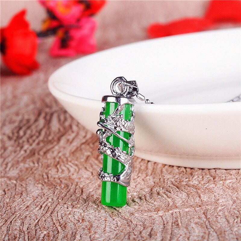 Naturlig grøn jade dragon søjle vedhæng 925 sølv halskæde udskåret charme smykker tilbehør amulet til mænd kvinder