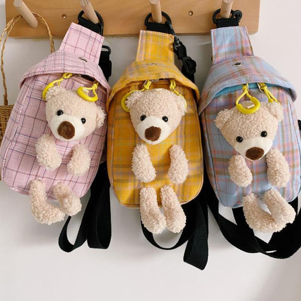 Kvinner søt bjørn rutete messenger bag dame lerretsveske rutete mønster brystveske skulderveske