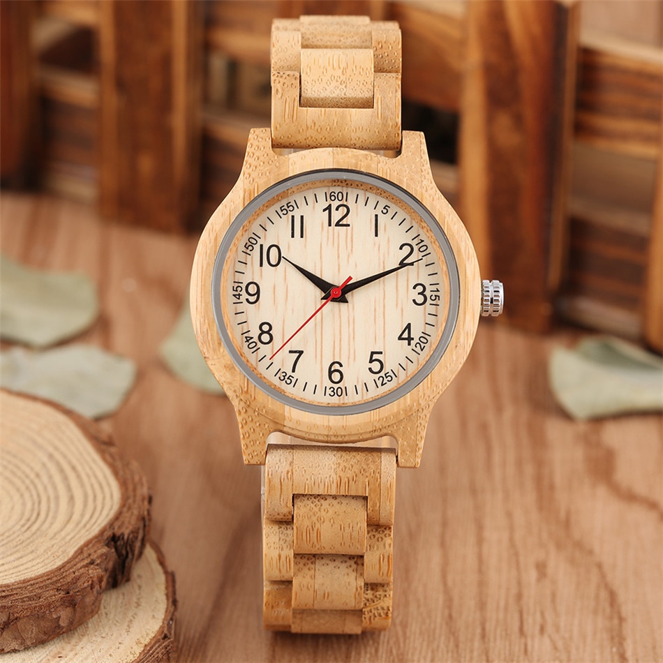 Arabic Numerals Bamboo Wood Lady Bracelet Watch Quartz Wristwatch Full Wooden Wristband Women&#39;s Casual Watch Red Seconds Hands