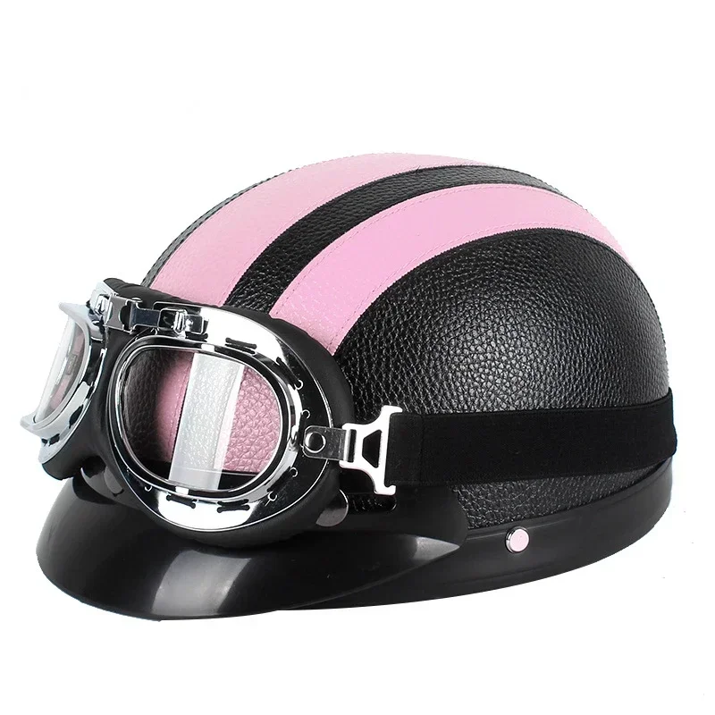 Classic Stripe Motorcycle Safety Helmet Men Women PU Leather Vintage Motor Electric Scooter Goggles Half Helmets: Champagne
