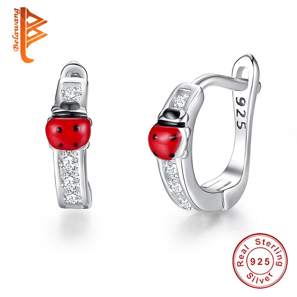 Belawang 925 sterling silver ring örhänge barn flicka barn örhängen emalj nyckelpiga kärlek hjärta glänsande smycken brincos kolczyki