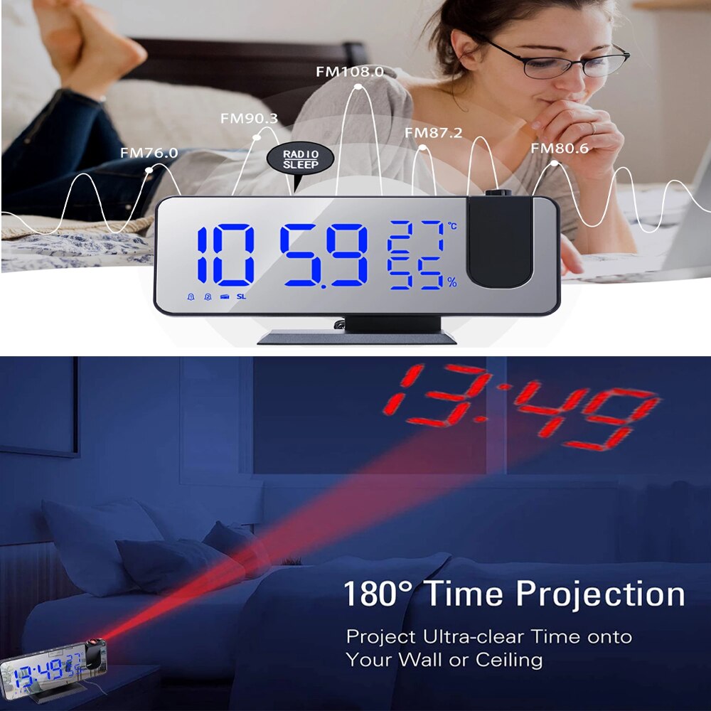 Led Spiegel Screen Projectie Wekker Weerbericht Radio Thermo-Hygrometer Digitale Klok Moderne Kantoor Slaapkamer Desktop Decoratie