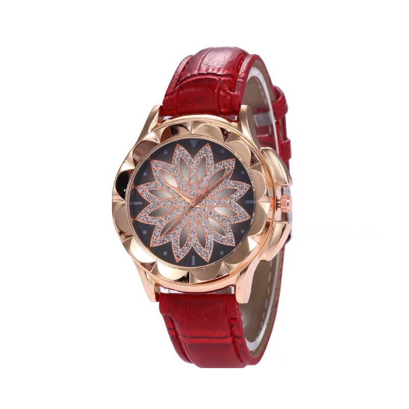 Luxe dames armbandhorloge leren band polshorloge bloem kristal strass quartz horloges casual damesklok: Rood