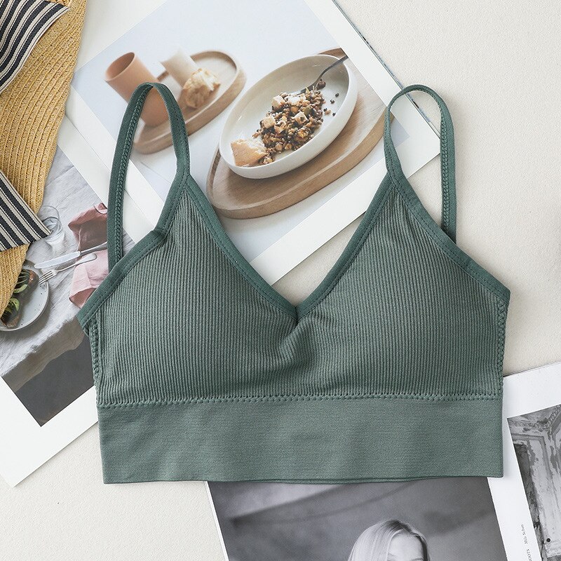 ATHVOTAR Women V-Neck Tube Top Bralette Soild Color Push Up Bra Padded Wireless Thin Shoulder Strap Top Bra Underwear: green