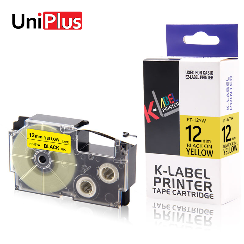 Uniplus  xr 12yw 12mm tarranauhan vaihto casio tarrakirjoitin musta keltaisella xr -12yw kl -t100 kld -200 kl-a40 el-700 tulostimelle