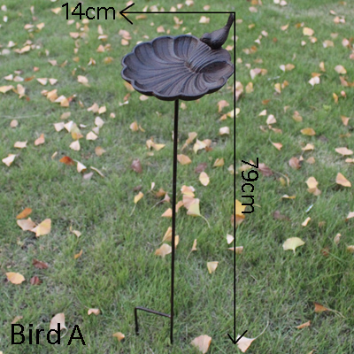 European Vintage Home Garden Decor Cast Iron Bird On Seashell Shaped Bird Feeder with Long Plug Heavy Sturdy Metal Birdbath: Bird A