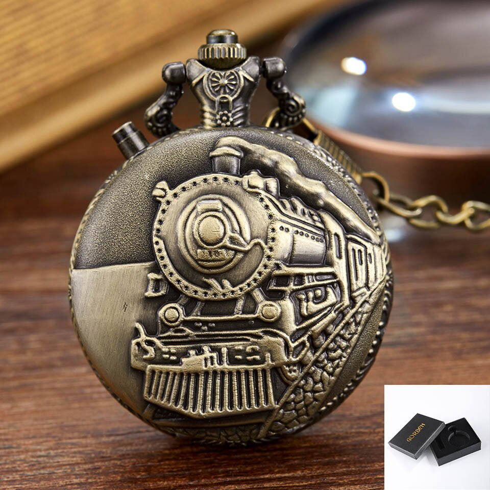 Vintage led urtavla kvarts fickur snidad ångtåg steampunk järnvägsgravyr retro kedja halsband hängande klocka: Brons med låda