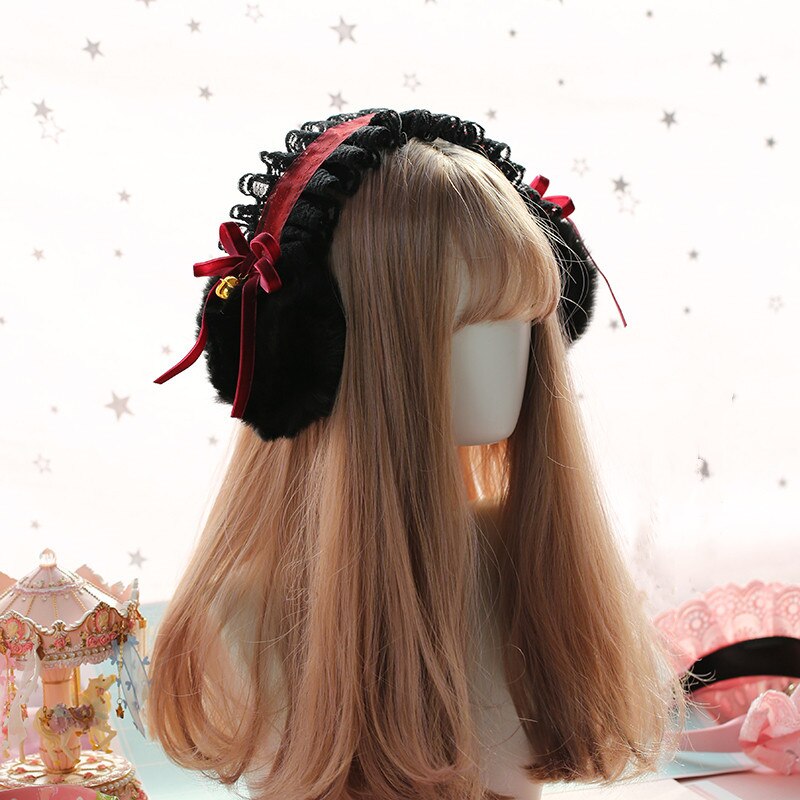 Ear Warmer Winter Accessories Lolita Burgundy Ribbon Bells Plush Ear Covers Girl Gothic Black Lace Earmuffs