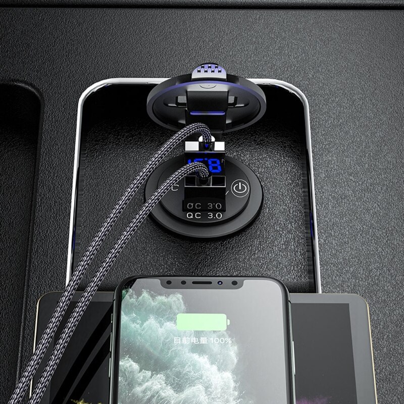 Enchufe de cargador USB Dual QC3.0 para coche, 12V, 24V, con interruptor táctil y voltímetro LED, A69B