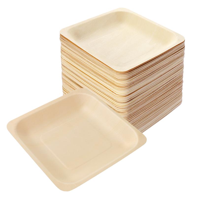 Rosenice 100Pcs Vierkante Wegwerp Houten Plaat Party Borden Servies Voor Bruiloft Restaurant Picknick Verjaardag 140x140mm