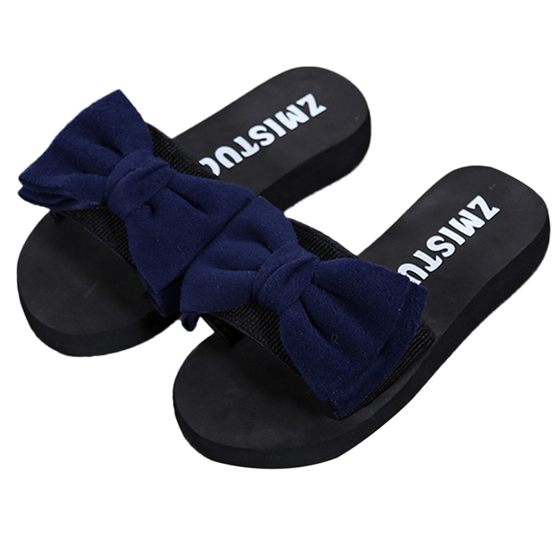 Été en dehors de papillon-noeud pantoufle femmes compensées intérieur extérieur tongs dames chaussures de plage: Bleu / 39