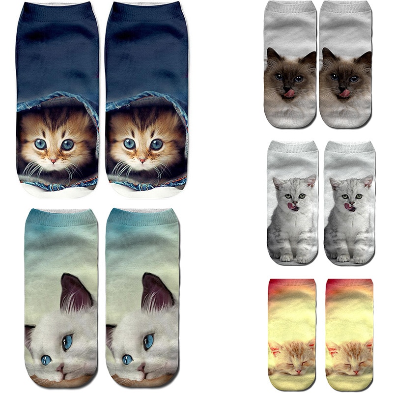 Stijl Mode 3D Kat Dier Duizenden Afdrukken Patronen Korte Sokken Grappige Harajuku Herfst Vrouwen Gelukkig Low Enkelsokken