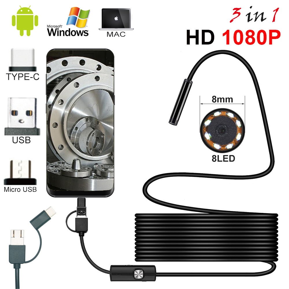 HD 8.0mm Endoscoop Camera 1080P USB Endoscoop met 8 LED 1/2/5M Kabel Waterdicht inspectie Borescope voor Android PC