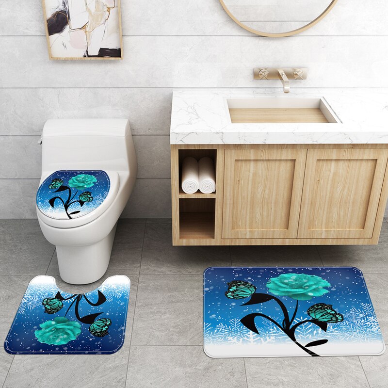 Vandtæt badekar bruseforhæng sæt toiletsædebetræk skridsikker bademåtte tæppe tæppe badeværelsesindretning polyester stof vaskbar: Badeværelsestæppemåtte -3pc