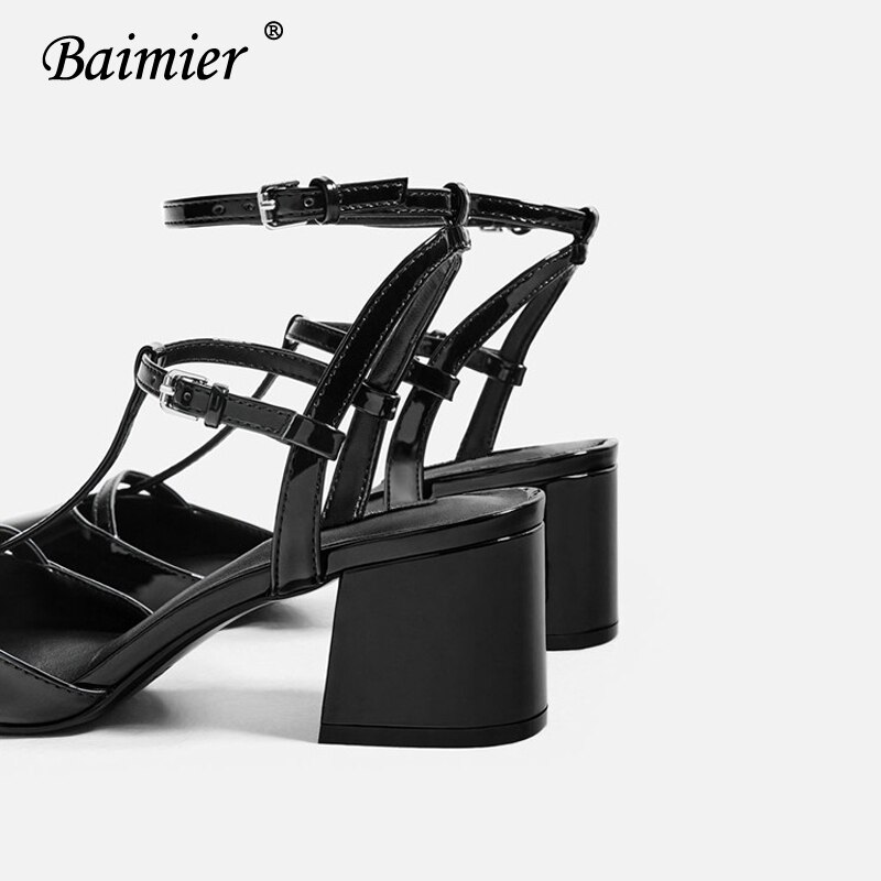 Baimier Summer Black High Heels Women Sandals Buckle Strap Leather Gladiator Sandals Women Pointed Toe Slingback Shoes Woman