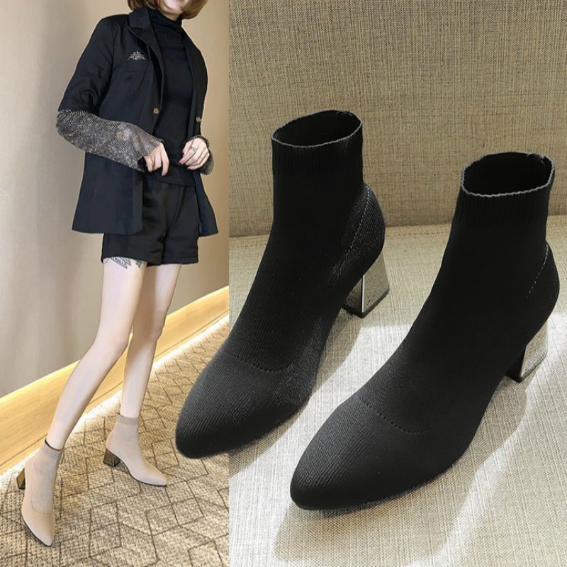 Vrouwen Schoenen Martin Laarzen Hoge Hak Stretch Stof Enkellaarsjes Voor Vrouwen Mode Wees Sok Schoenen Zapatos De mujer