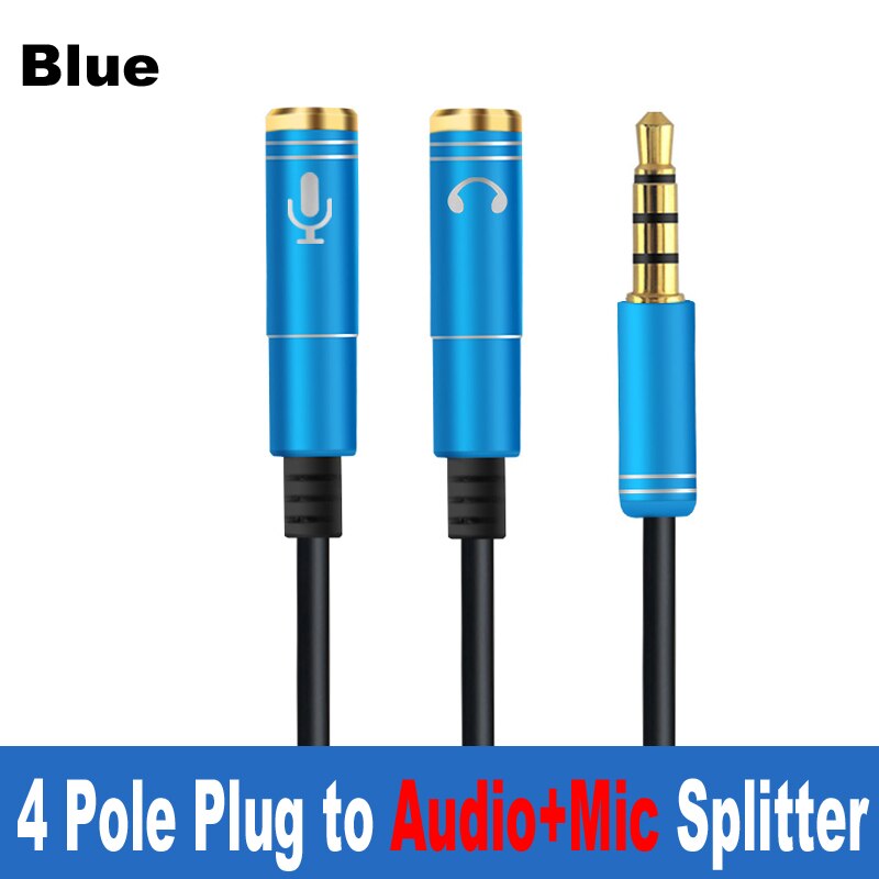 Mini jack 3.5 mikrofon hovedtelefoner y splitter adapter kabel ,3 5 minjack stereo lyd &amp; mic stik  to 4 polet jack hovedtelefon øretelefon: 4 polet splitter-bl