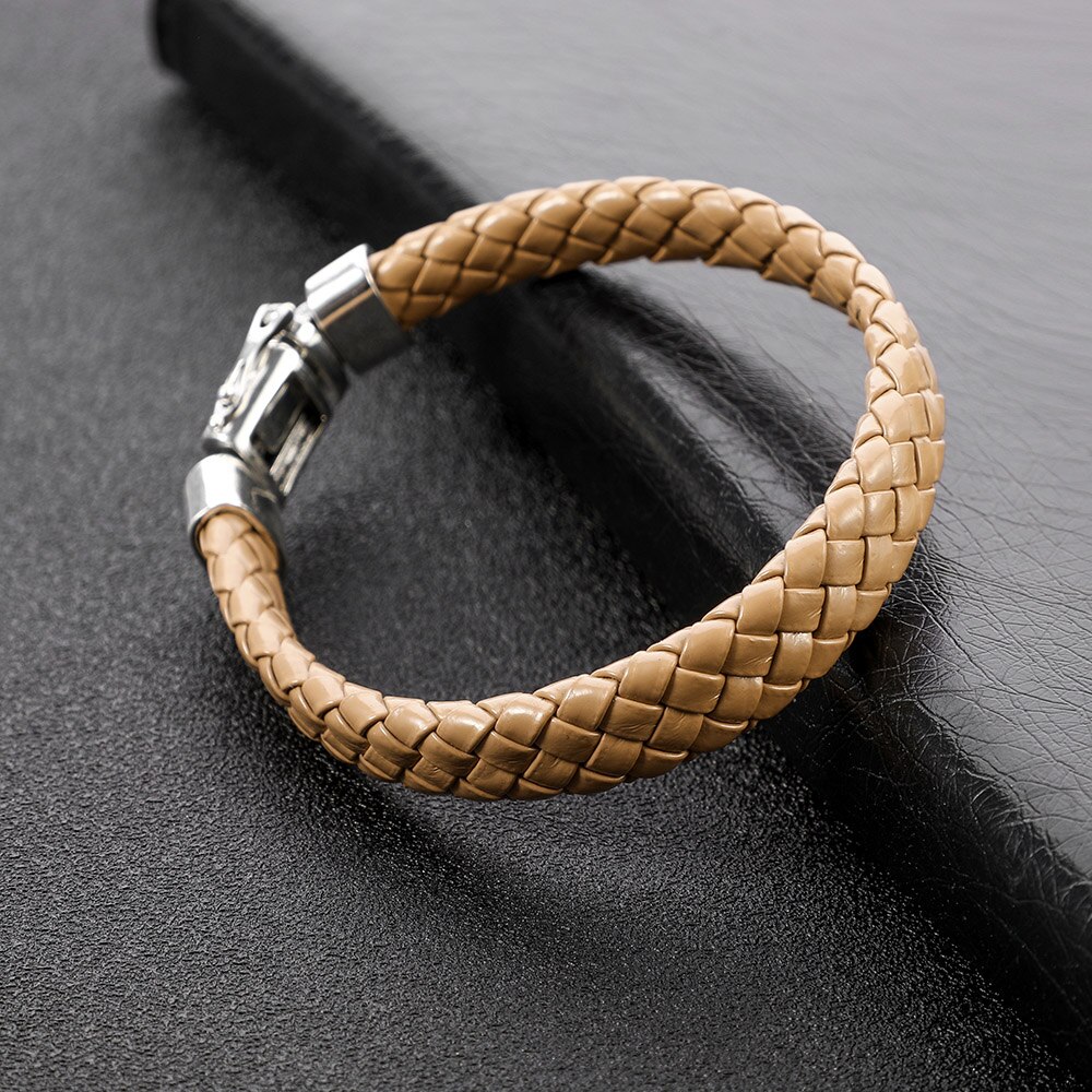 925 Silver color Men Jewelry Buddha Bracelet Wristband Punk Black Braided Leather Bracelet for Men Safty Clasp Bangles: B / 18.5cm