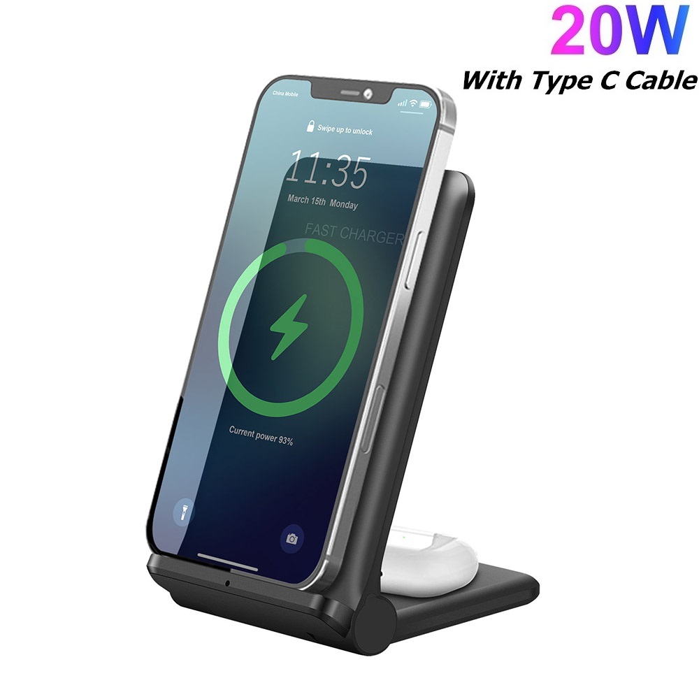 20W Fast Qi Wireless Charger 2 in 1 Induction Charging Stand For Samsung S10 S20 S21 For iPhone 13 12 11 XS XR X 8 Airpods Pro: 20W 2 in 1 Black