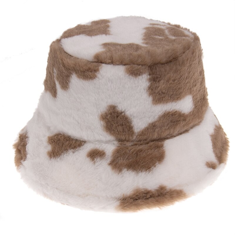 Kvinder vinter varm fluffy overdådig spand hat mælk ko print panama fisker kasket  lx9e: 2