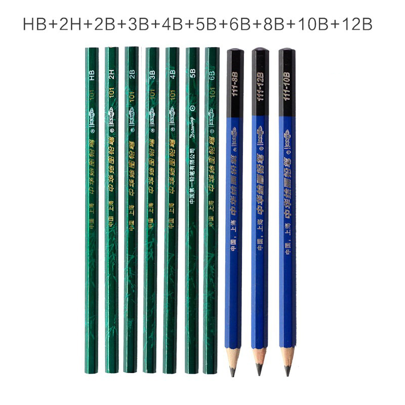 Crayon de croquis noir, crayon de dessin en bois H/2H/3H/4H/5H/6H/HB 2/3/4/5/6/8/10/12B, fournitures de papeterie artistique 12 pièces: Clair