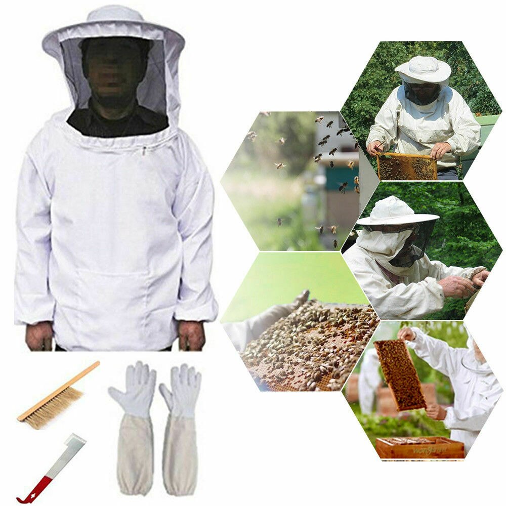 Beekeeping Protective Suit Veil Jacket Gloves Kit Wood Honey Brush Wasp Bee Hive Brush Sweep Bee Honey Scraper J Hook Tool Set