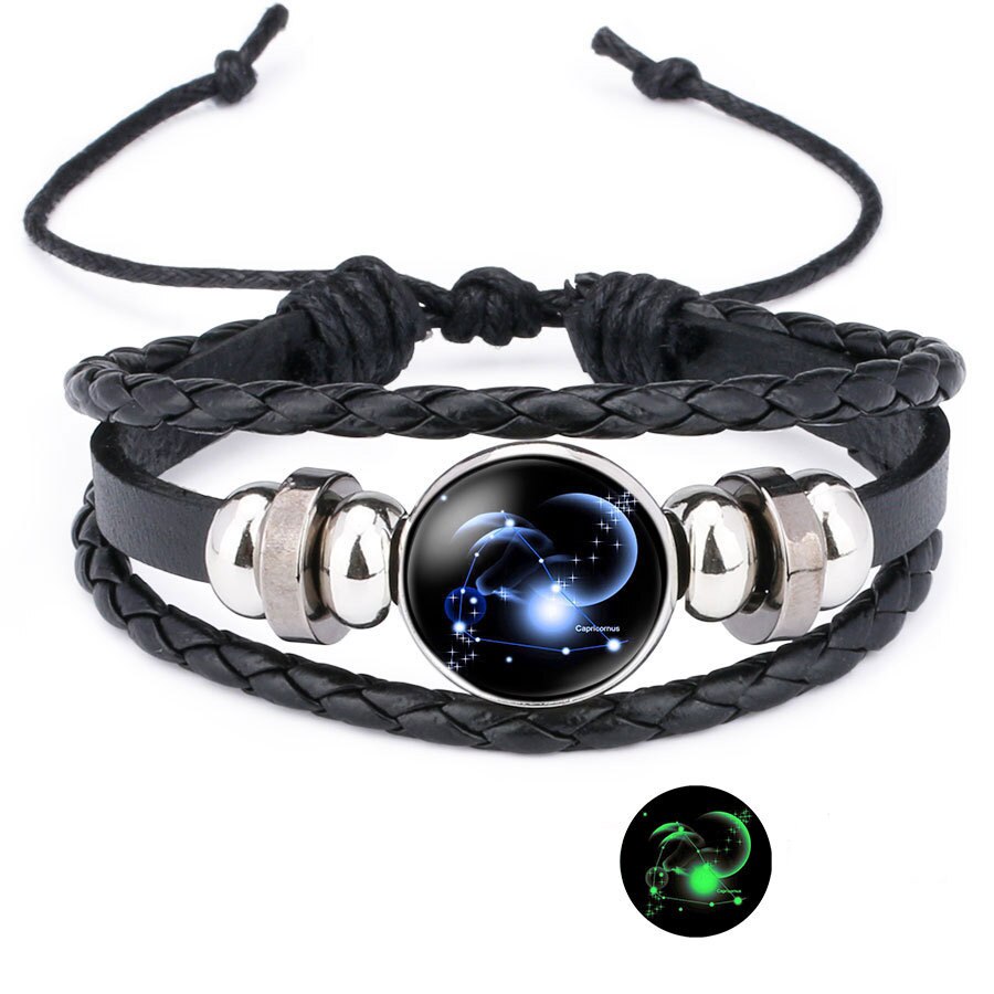 12 zodiac Glow in The dark Teken Armbanden Voor Vrouwen Mannen constellation Drukknoop charm Leather Rope Bangle Mode-sieraden