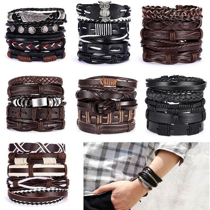 Accessoires de main rétro pour hommes, ensemble réglable en cuir tricoté croisé, Bracelet accessoires pour main, 5 pièces