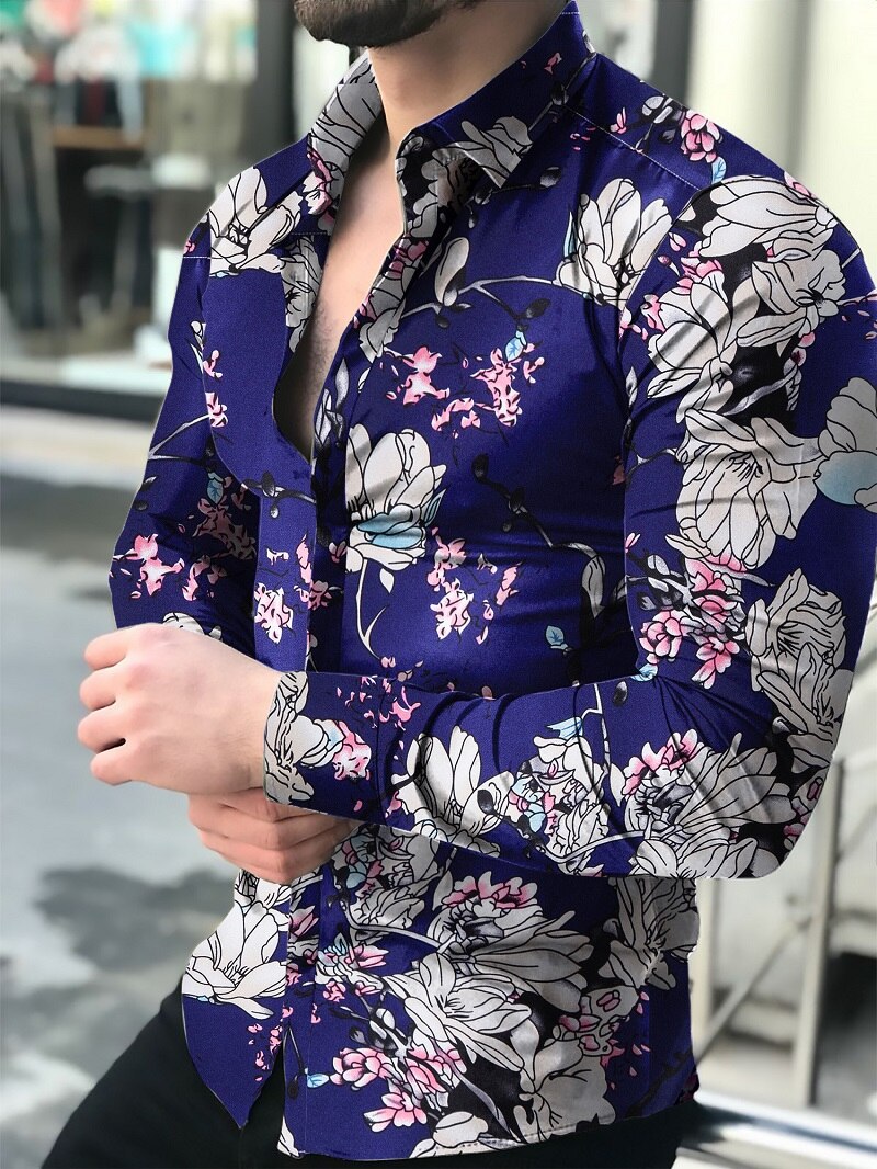Men's shirt for men clothing social male Blouse Hawaiian long sleeve cardigan blouses and button up Luxury man: Blue / XL