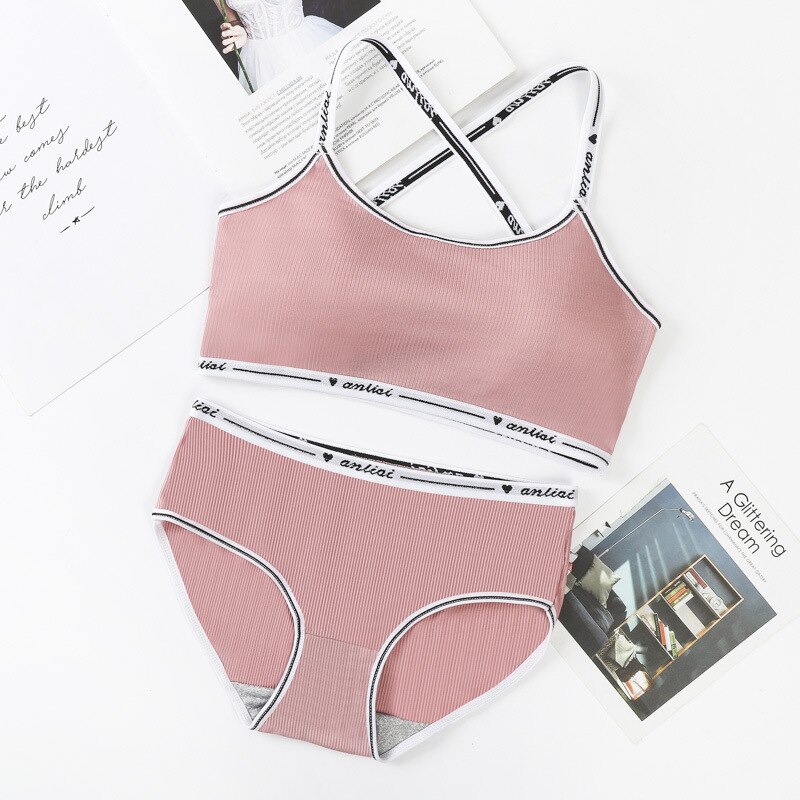 Girls Bra and Panty Sets Teenage Padded Sport Training Bra+Panties Puberty Students Letter Printed Brassiere Underwear Panties: pink