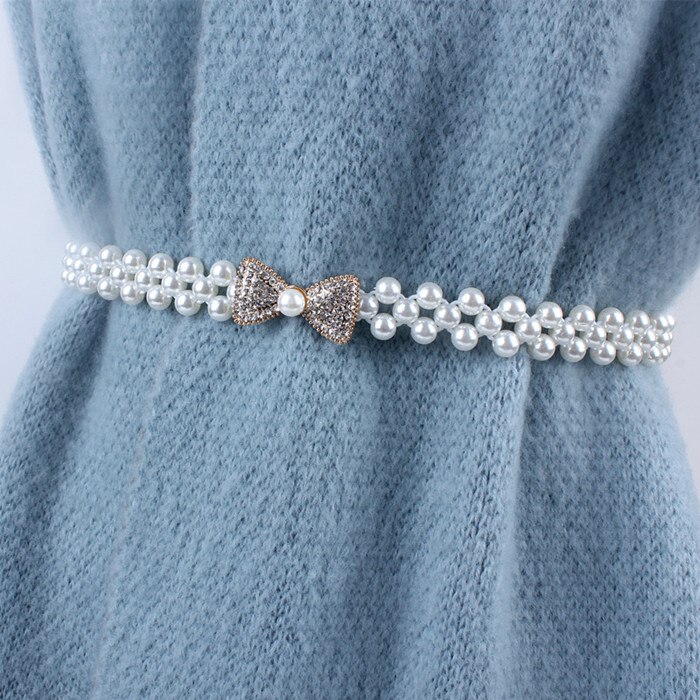 Correa de cadena fina con sello de elasticidad elástica de la cintura blanca para mujer, diamantes de imitación y perlas para decoración de falda, fajas de ,: 4