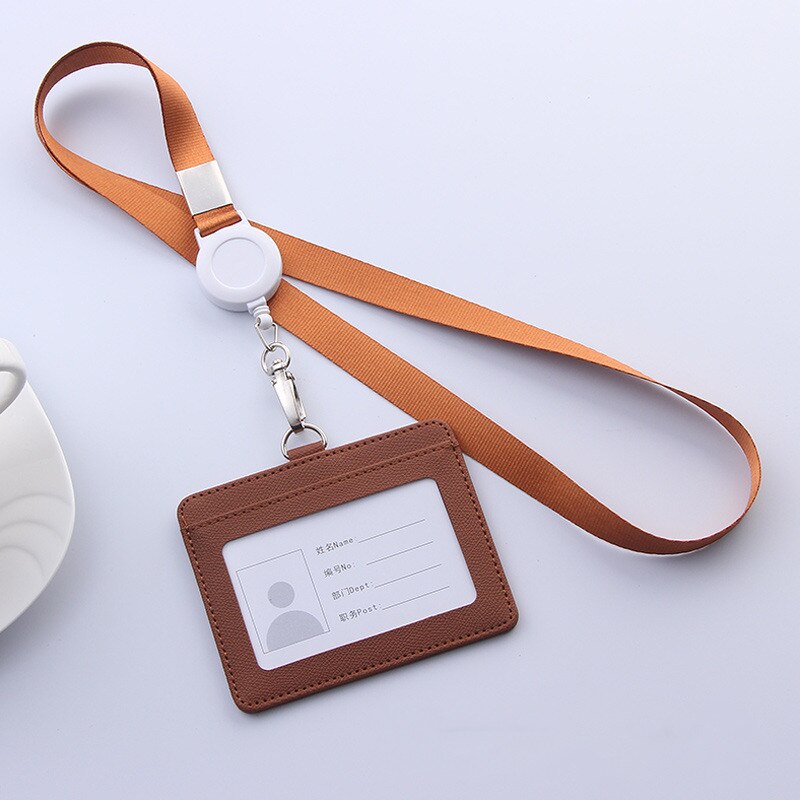 PU Leather Lanyard retractable badge holder ID card holder school lanyards id badge holder horizontal badge holder transparent: coffee-Horizontal