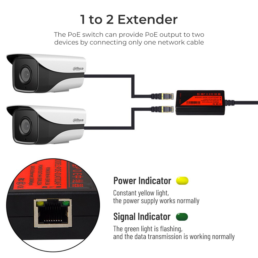 1 to 2 POE Injector network extender 100Mbps camera adapter splitter standard DC44V-55V 0.5A camera POE repeater