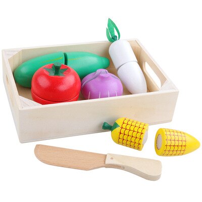 WOODADDY Simulation Gemüse/Obst Schneiden Set Holz Spielzeug Für Kinder Holz Tablett/Korb Lebensmittel Küche Spielzeug Bildungs Mädchen: Vegetable 1-7pcs