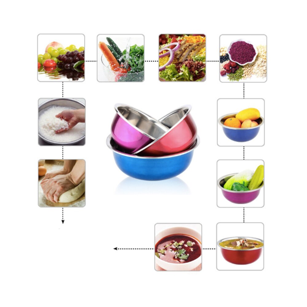 3Pcs Colorful Stainless Steel Mixing Salad Basin Baking Mixer Cookingware Fruit Storage Food Container