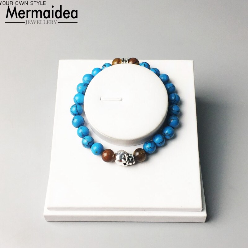 Tilbehør smykker lavasten blå sten perle kranium skelet sølvbelagt charme stretch armbånd til kvinder