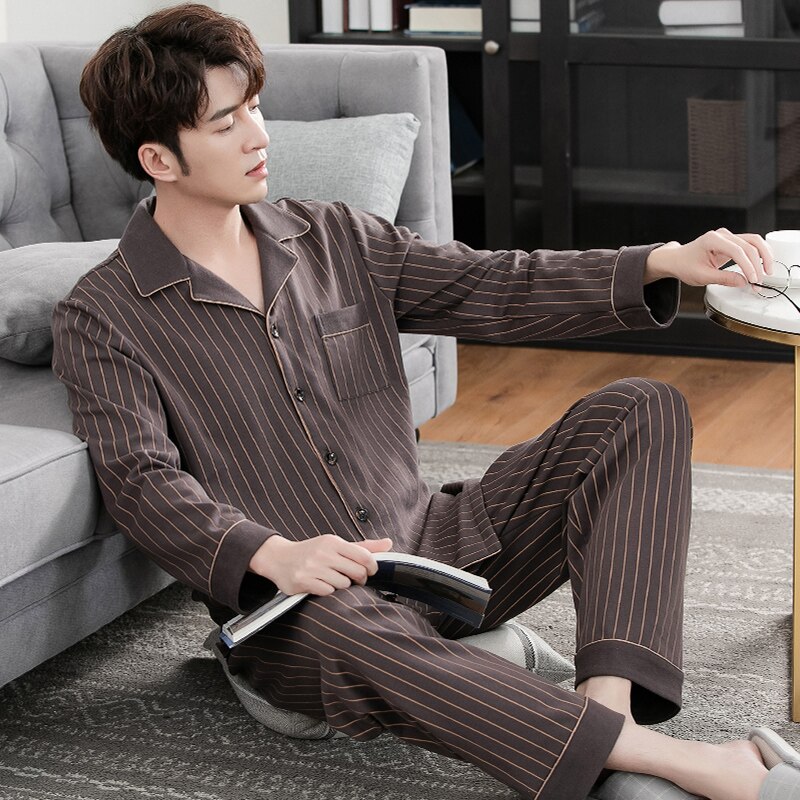 Pijama de punto de algodón para hombre, ropa de dormir a rayas, cárdigan de manga larga con cuello vuelto, conjunto de pijama para el hogar 4XL, Primavera